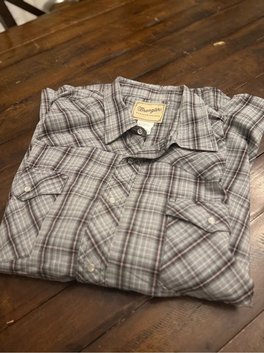 Wrangler Western Shirt — Grey Plaid, Pearl Snap, Short Sleeve, 2XL
